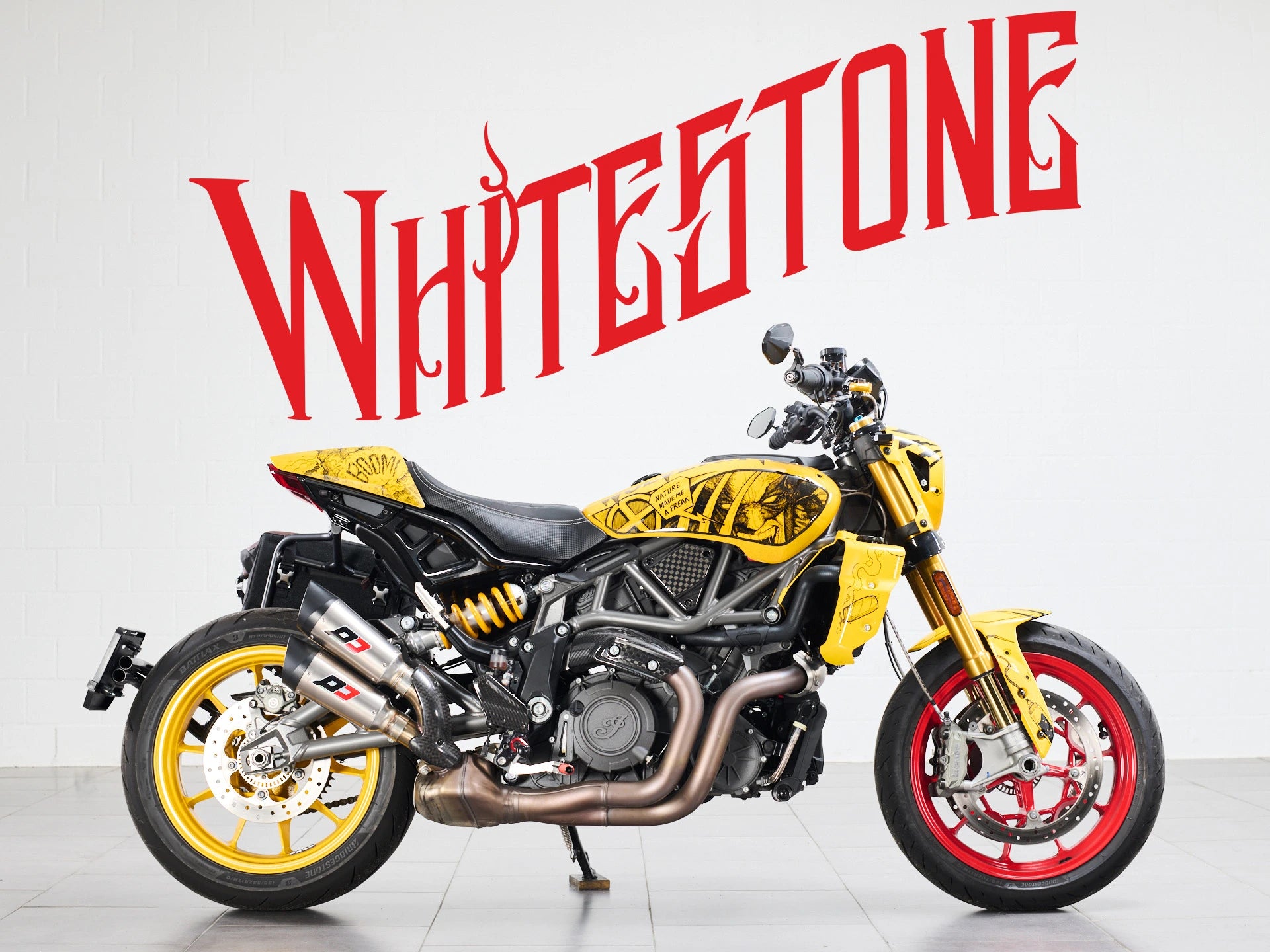 Whitestone Logo mit einer speziell umgebauten Indian FTR 1200 Carbon